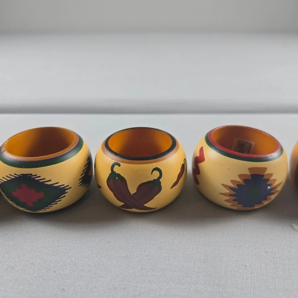 Vintage Hand Painted Wood Napkin Rings Set of 6 India Southwestern Folk Art